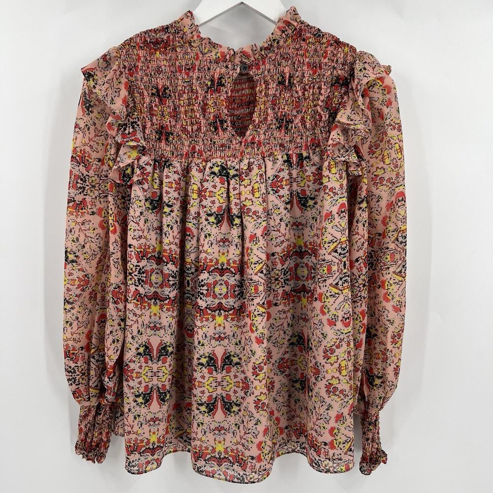 Willa Story Smocked Long Sleeve Blouse‎ Top Geometric Print Women’s Size Medium - Picture 5 of 9